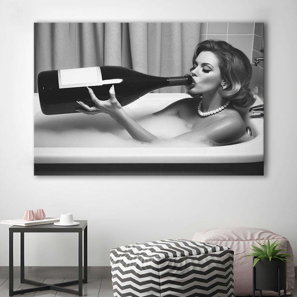 Woman Drinking Oversized Wine Canvas Print Wall Art, Vintage Woman Drinking In Bathtub, Black and White Print