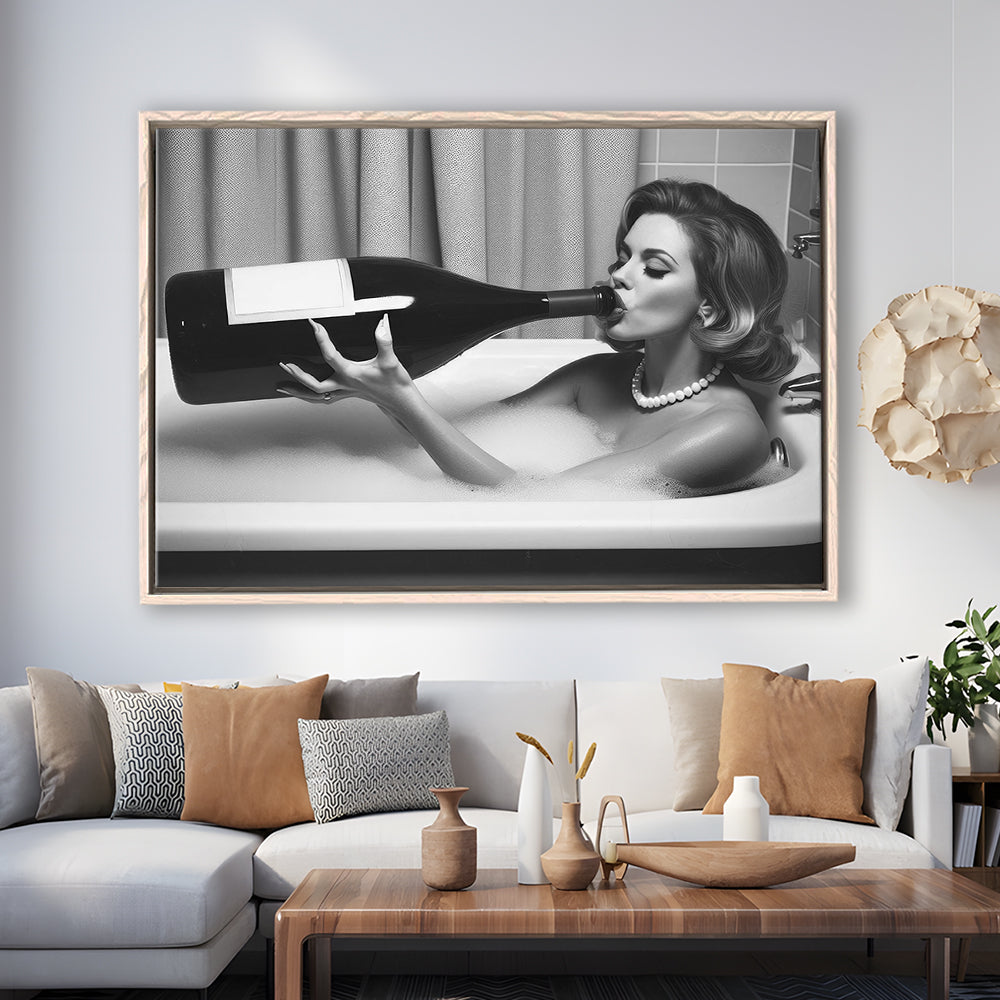 Woman Drinking Oversized Wine Framed Canvas Print Wall Art, Vintage Woman Drinking In Bathtub, Black and White Print