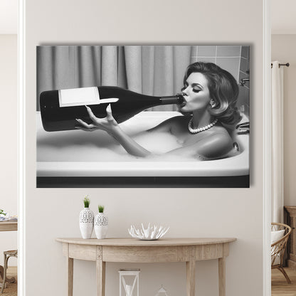 Woman Drinking Oversized Wine Canvas Print Wall Art, Vintage Woman Drinking In Bathtub, Black and White Print