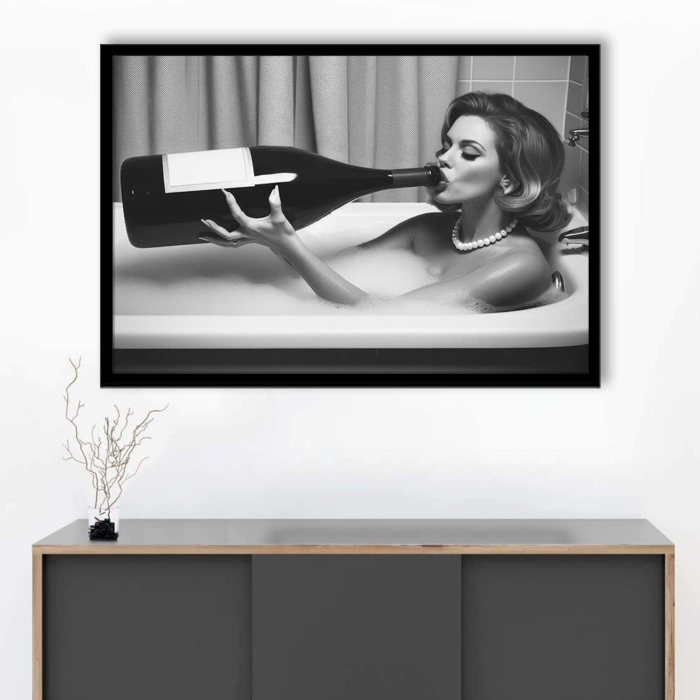Woman Drinking Oversized Wine Framed Art Print Wall Decor, Vintage Woman Drinking In Bathtub, Black and White Print