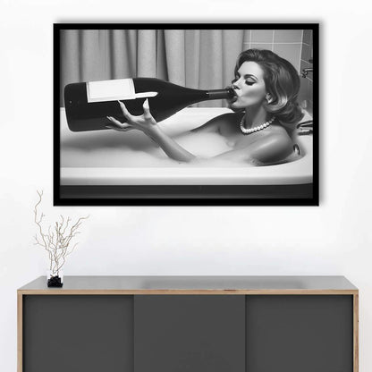 Woman Drinking Oversized Wine Framed Art Print Wall Decor, Vintage Woman Drinking In Bathtub, Black and White Print