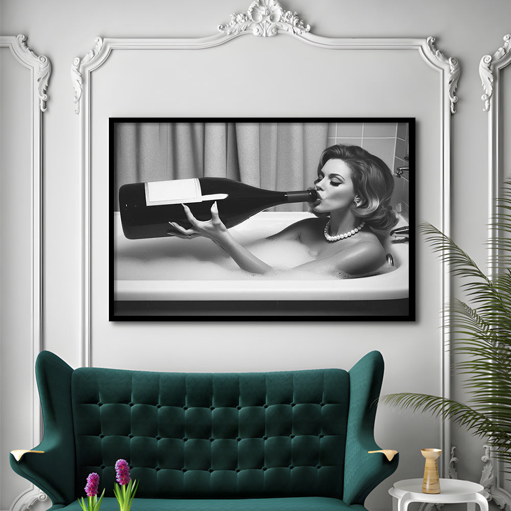 Woman Drinking Oversized Wine Framed Art Print Wall Decor, Vintage Woman Drinking In Bathtub, Black and White Print
