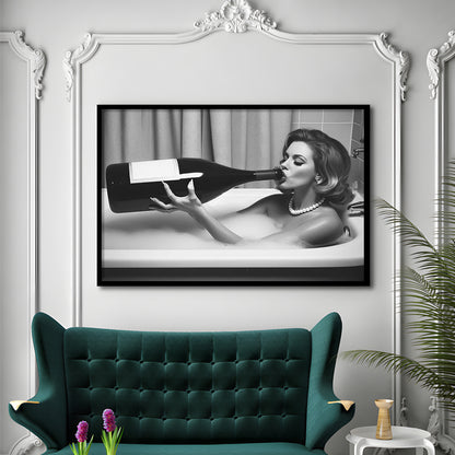 Woman Drinking Oversized Wine Framed Art Print Wall Decor, Vintage Woman Drinking In Bathtub, Black and White Print