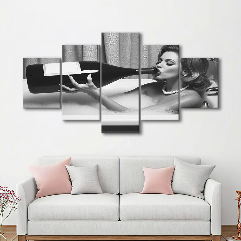Woman Drinking Oversized Wine Mixed Canvas Print Wall Art, Vintage Woman Drinking In Bathtub, Black and White Print