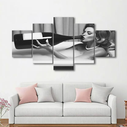 Woman Drinking Oversized Wine Mixed Canvas Print Wall Art, Vintage Woman Drinking In Bathtub, Black and White Print