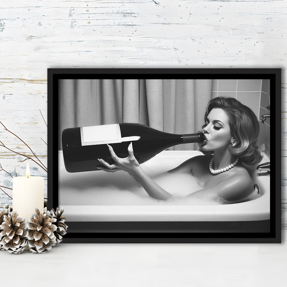 Woman Drinking Oversized Wine Framed Canvas Print Wall Art, Vintage Woman Drinking In Bathtub, Black and White Print