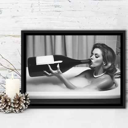 Woman Drinking Oversized Wine Framed Canvas Print Wall Art, Vintage Woman Drinking In Bathtub, Black and White Print