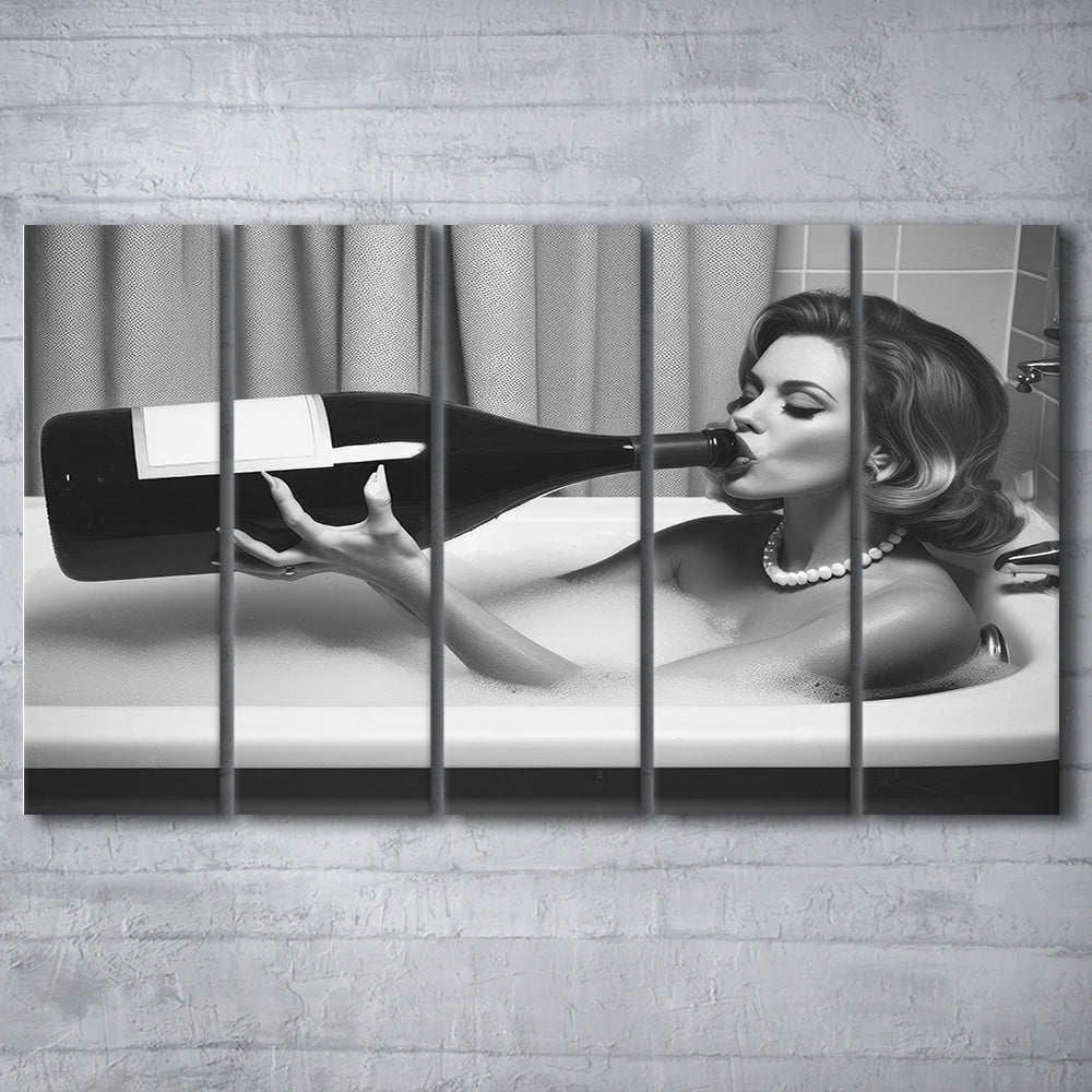 Woman Drinking Oversized Wine 5 Panels Canvas Print Wall Art, Vintage Woman Drinking In Bathtub, Black and White Print