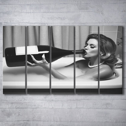 Woman Drinking Oversized Wine 5 Panels Canvas Print Wall Art, Vintage Woman Drinking In Bathtub, Black and White Print