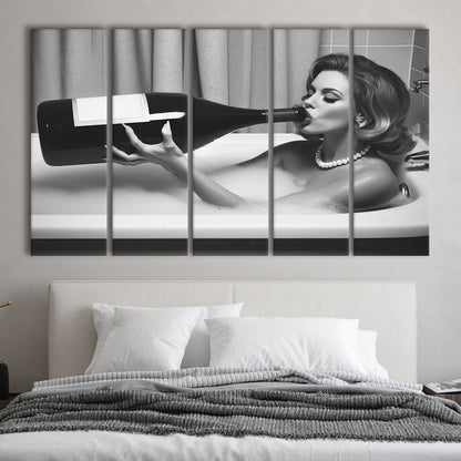 Woman Drinking Oversized Wine 5 Panels Canvas Print Wall Art, Vintage Woman Drinking In Bathtub, Black and White Print