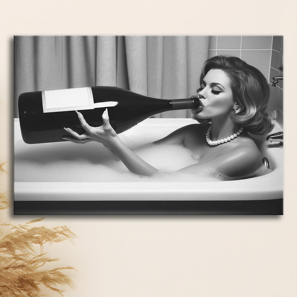 Woman Drinking Oversized Wine Canvas Print Wall Art, Vintage Woman Drinking In Bathtub, Black and White Print