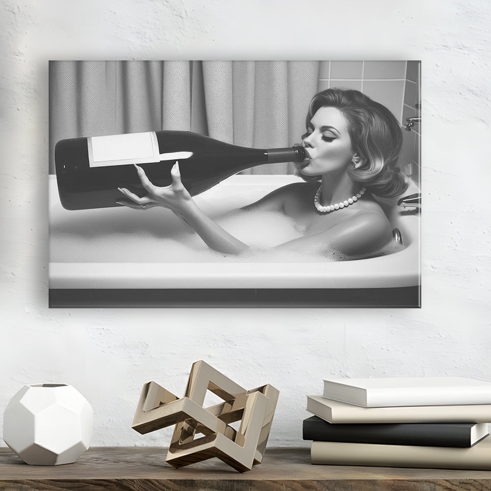 Woman Drinking Oversized Wine Canvas Print Wall Art, Vintage Woman Drinking In Bathtub, Black and White Print