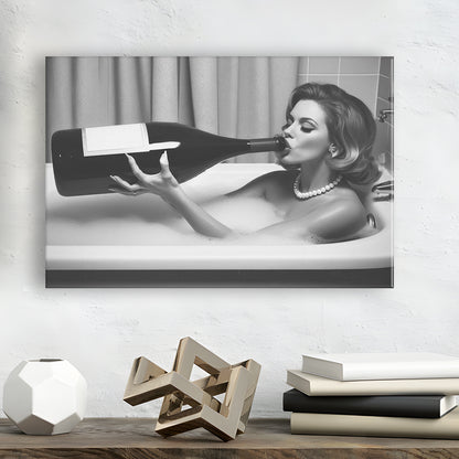Woman Drinking Oversized Wine Canvas Print Wall Art, Vintage Woman Drinking In Bathtub, Black and White Print