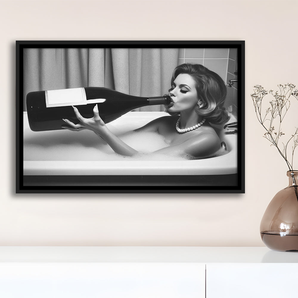 Woman Drinking Oversized Wine Framed Canvas Print Wall Art, Vintage Woman Drinking In Bathtub, Black and White Print