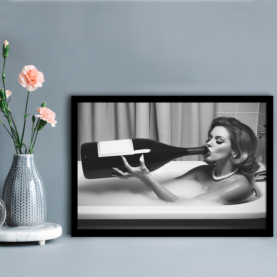 Woman Drinking Oversized Wine Framed Art Print Wall Decor, Vintage Woman Drinking In Bathtub, Black and White Print