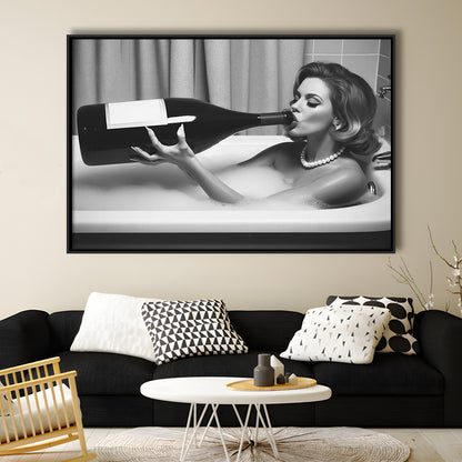 Woman Drinking Oversized Wine Framed Canvas Print Wall Art, Vintage Woman Drinking In Bathtub, Black and White Print