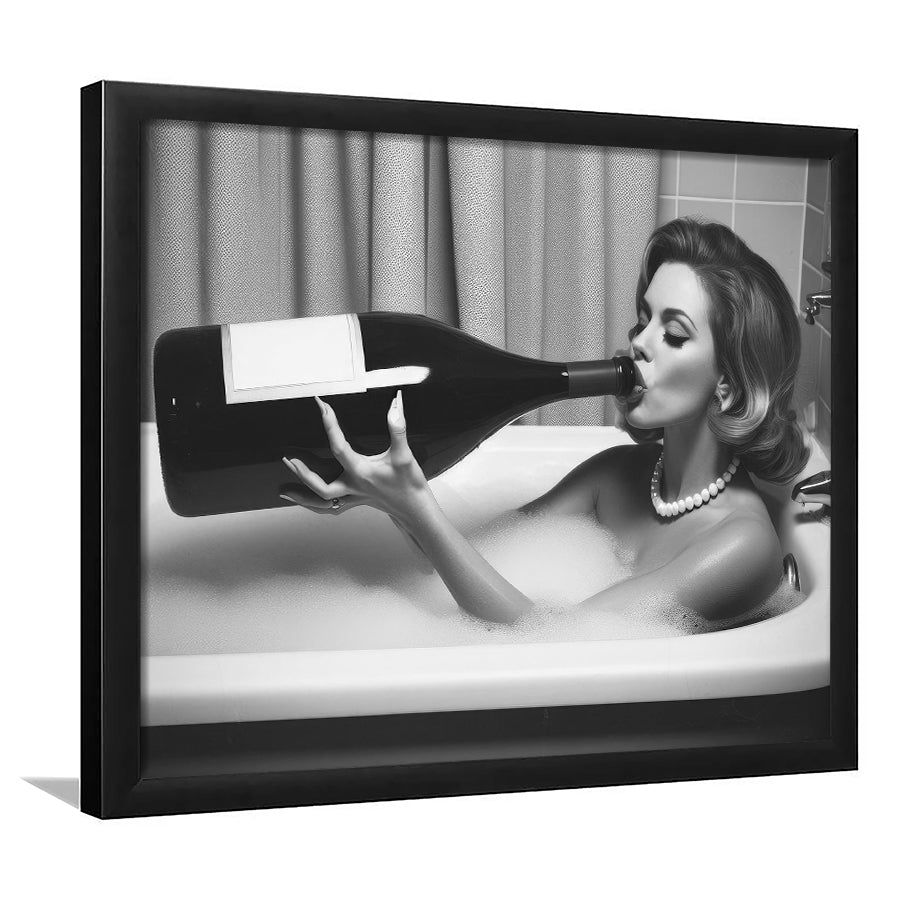 Woman Drinking Oversized Wine Framed Art Print Wall Decor, Vintage Woman Drinking In Bathtub, Black and White Print