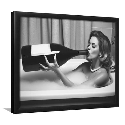 Woman Drinking Oversized Wine Framed Art Print Wall Decor, Vintage Woman Drinking In Bathtub, Black and White Print