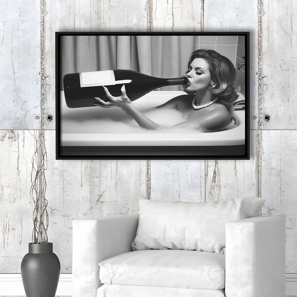 Woman Drinking Oversized Wine Framed Canvas Print Wall Art, Vintage Woman Drinking In Bathtub, Black and White Print