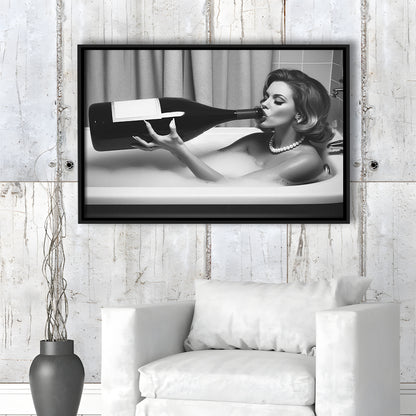 Woman Drinking Oversized Wine Framed Canvas Print Wall Art, Vintage Woman Drinking In Bathtub, Black and White Print