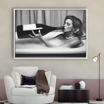 Woman Drinking Oversized Wine Framed Canvas Print Wall Art, Vintage Woman Drinking In Bathtub, Black and White Print
