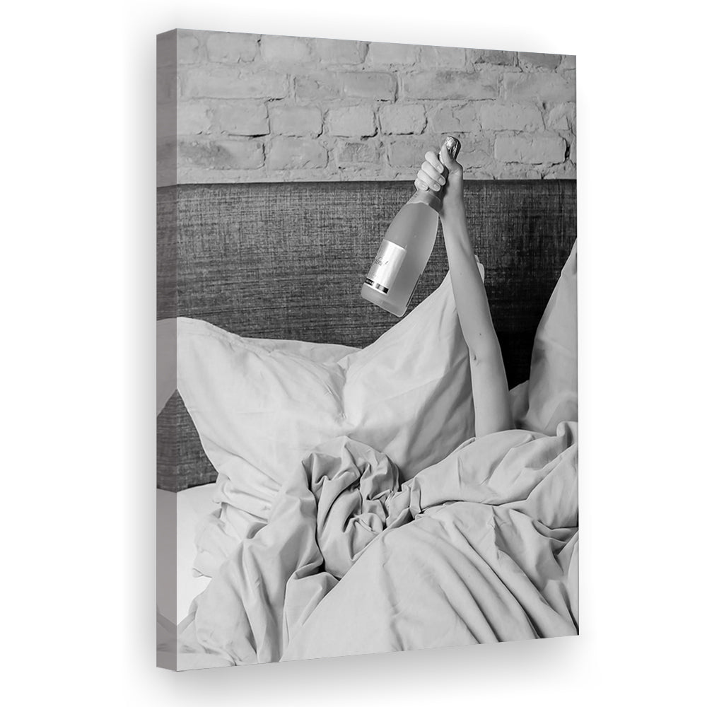 Woman Drinking Wine in Bed Print, Alcohol Canvas Print Wall Art, Black and White, Bar Cart Print, Dorm Room Wall Decor