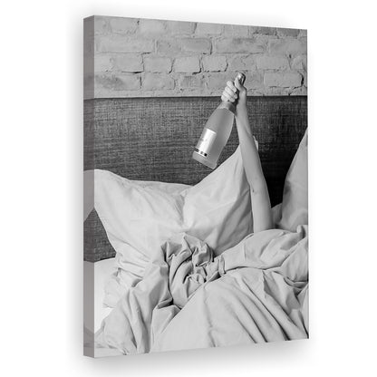 Woman Drinking Wine in Bed Print, Alcohol Canvas Print Wall Art, Black and White, Bar Cart Print, Dorm Room Wall Decor