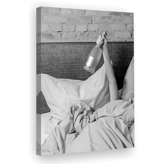 Woman Drinking Wine in Bed Print, Alcohol Canvas Print Wall Art, Black and White, Bar Cart Print, Dorm Room Wall Decor