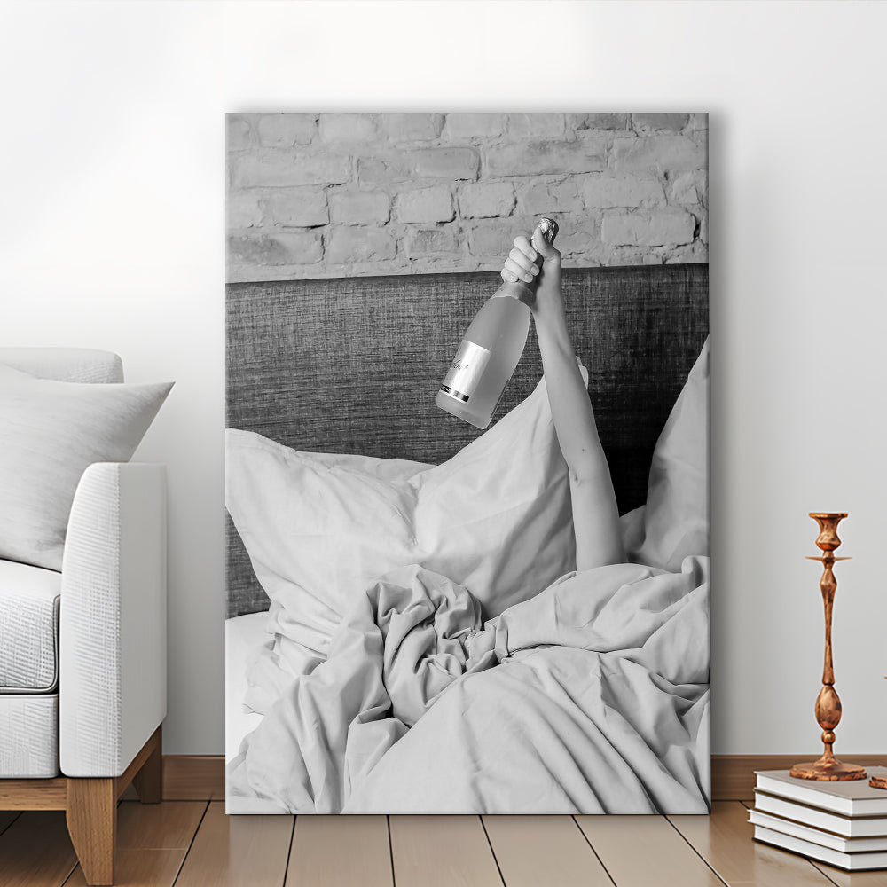 Woman Drinking Wine in Bed Print, Alcohol Canvas Print Wall Art, Black and White, Bar Cart Print, Dorm Room Wall Decor