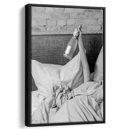 Woman Drinking Wine in Bed Print, Alcohol Framed Canvas Print Wall Art, Black and White, Dorm Room Wall Decor