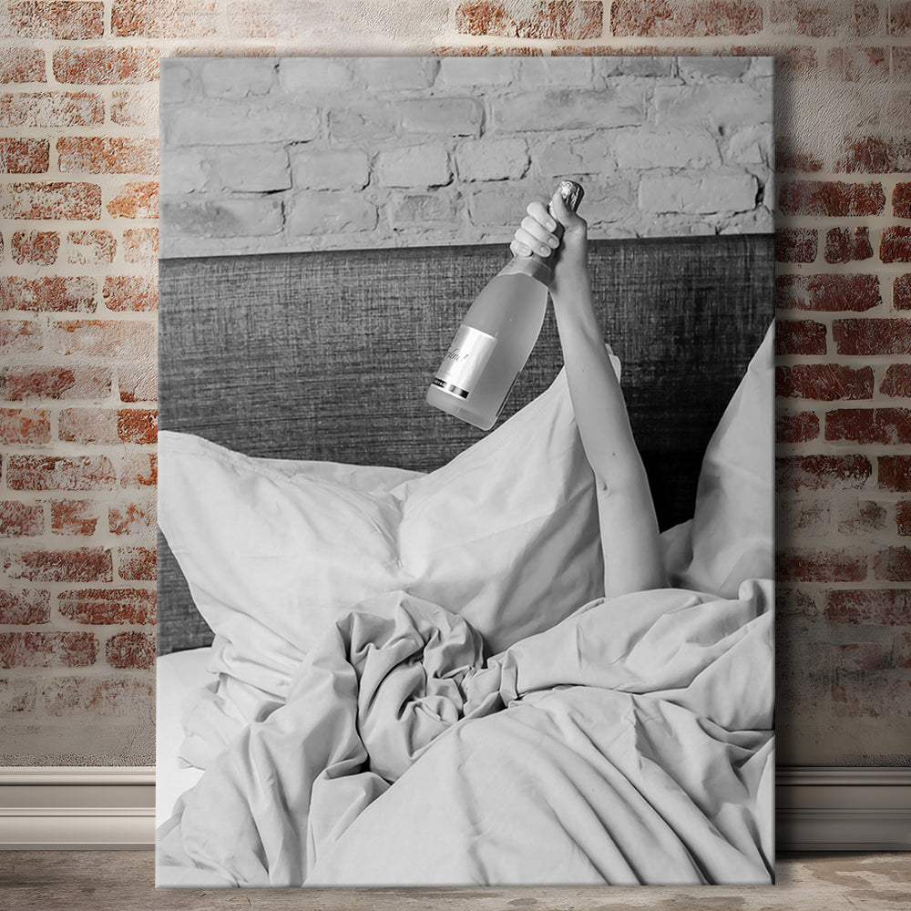 Woman Drinking Wine in Bed Print, Alcohol Canvas Print Wall Art, Black and White, Bar Cart Print, Dorm Room Wall Decor