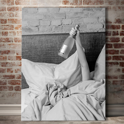 Woman Drinking Wine in Bed Print, Alcohol Canvas Print Wall Art, Black and White, Bar Cart Print, Dorm Room Wall Decor