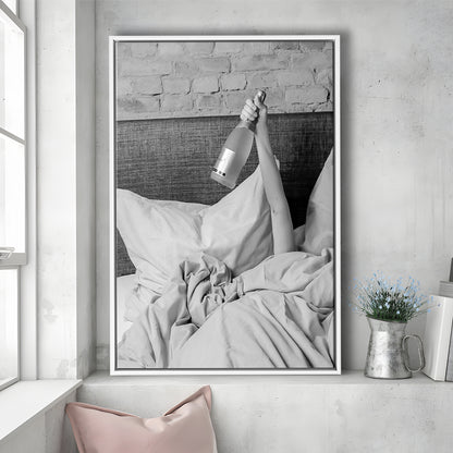 Woman Drinking Wine in Bed Print, Alcohol Framed Canvas Print Wall Art, Black and White, Dorm Room Wall Decor