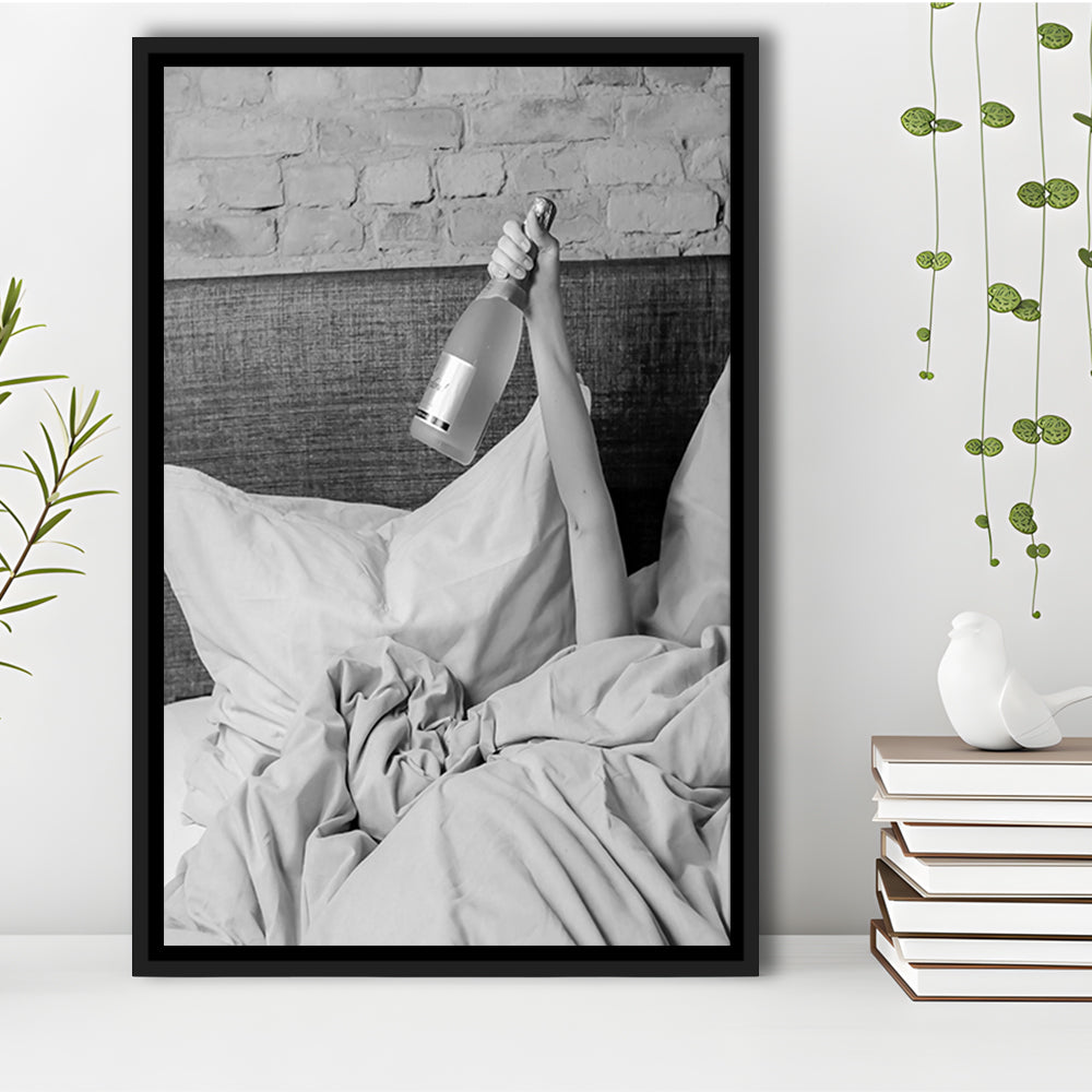 Woman Drinking Wine in Bed Print, Alcohol Framed Canvas Print Wall Art, Black and White, Dorm Room Wall Decor