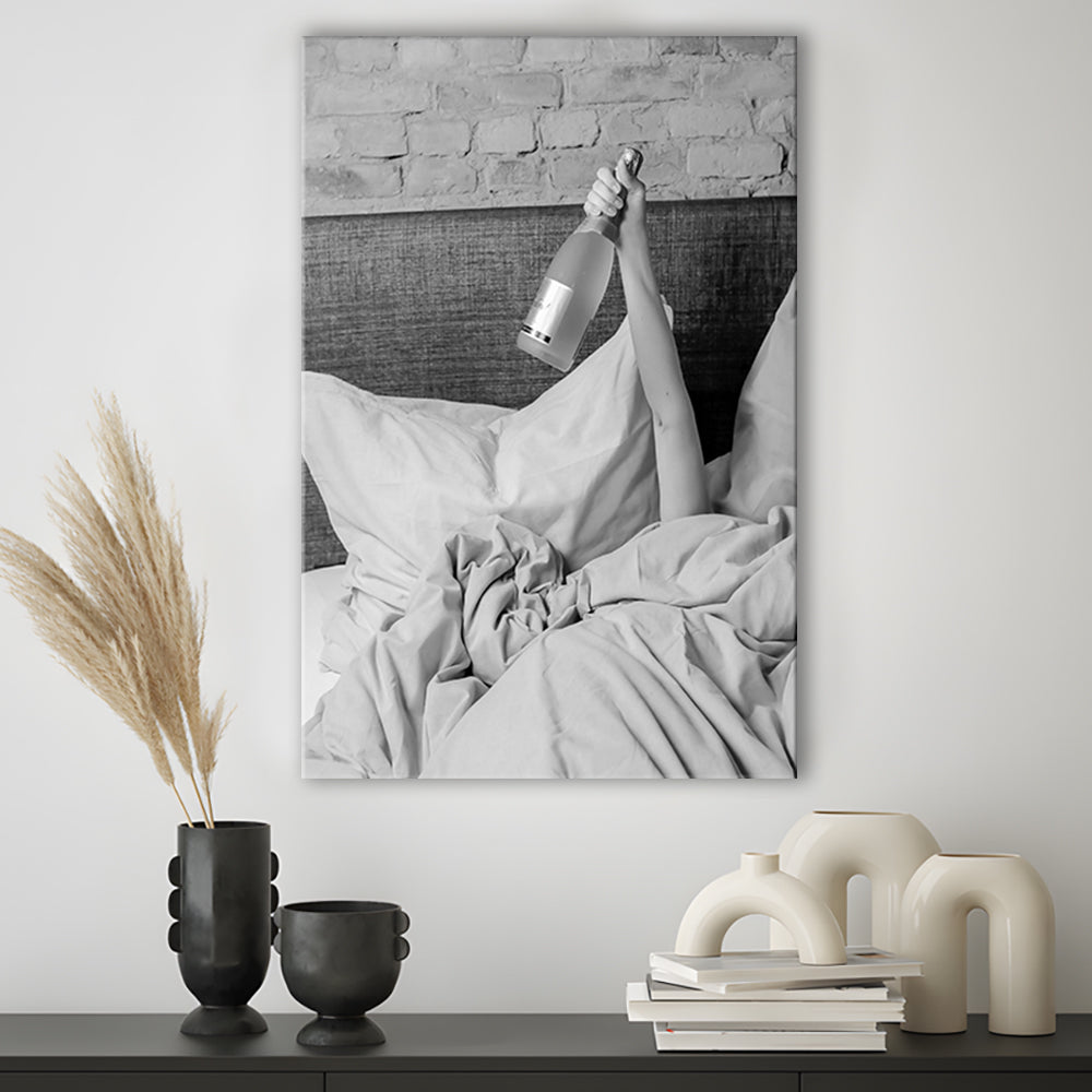 Woman Drinking Wine in Bed Print, Alcohol Canvas Print Wall Art, Black and White, Bar Cart Print, Dorm Room Wall Decor