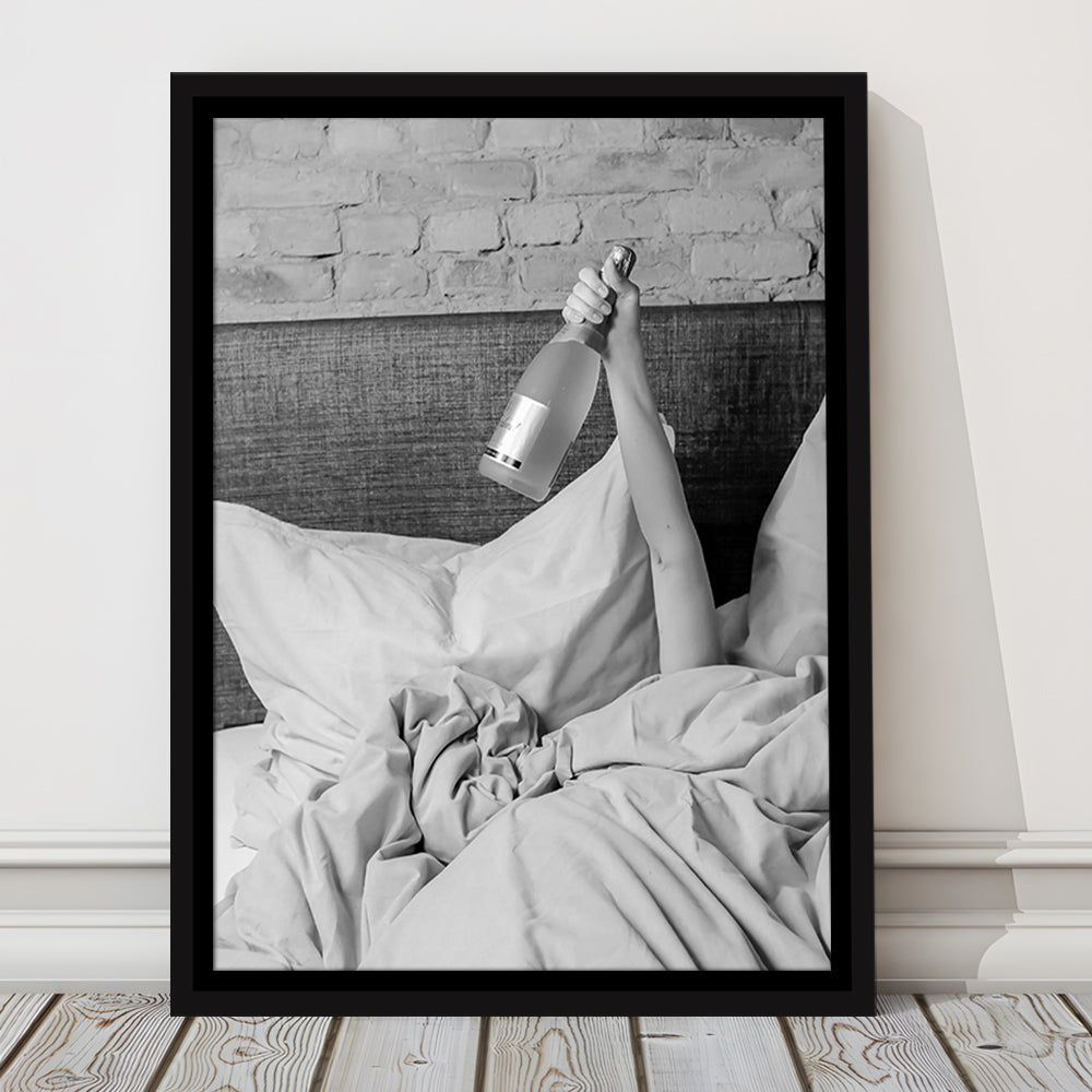 Woman Drinking Wine in Bed Print, Alcohol Framed Canvas Print Wall Art, Black and White, Dorm Room Wall Decor