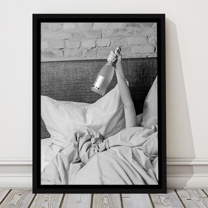 Woman Drinking Wine in Bed Print, Alcohol Framed Canvas Print Wall Art, Black and White, Dorm Room Wall Decor