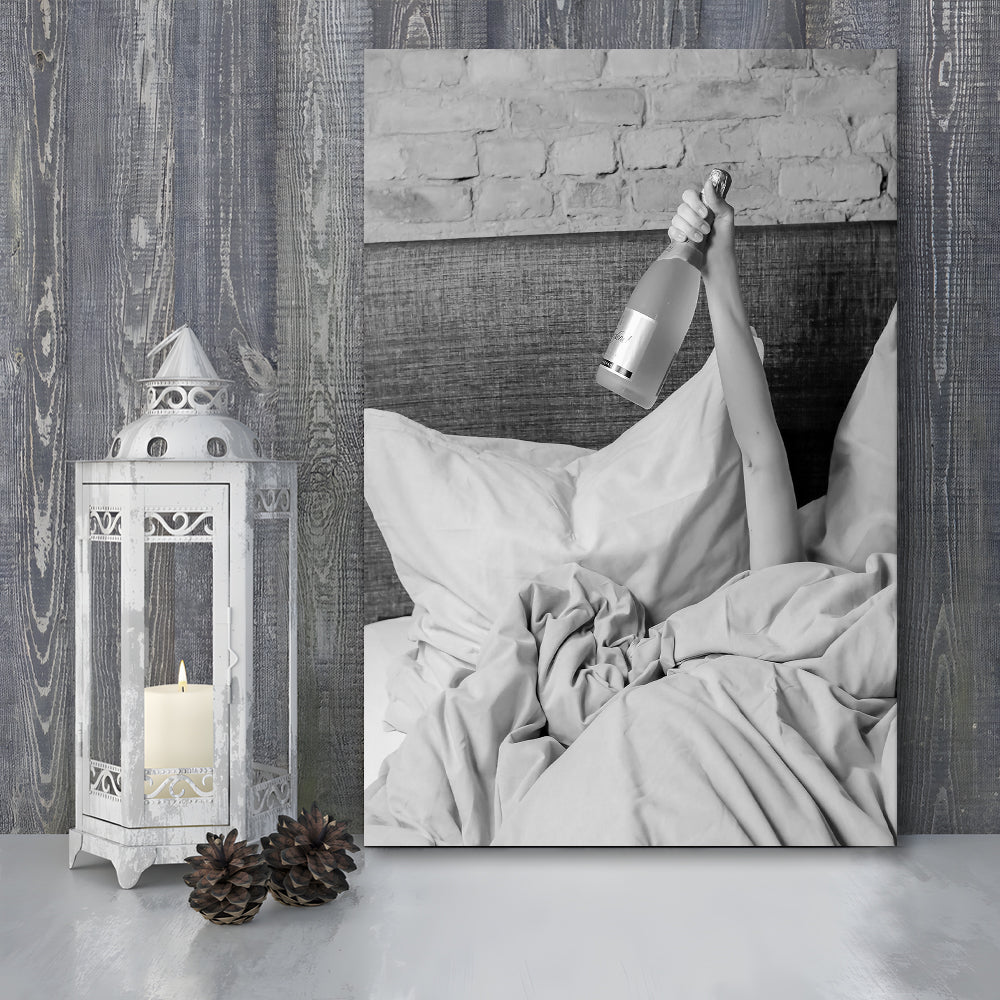 Woman Drinking Wine in Bed Print, Alcohol Canvas Print Wall Art, Black and White, Bar Cart Print, Dorm Room Wall Decor