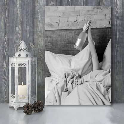 Woman Drinking Wine in Bed Print, Alcohol Canvas Print Wall Art, Black and White, Bar Cart Print, Dorm Room Wall Decor