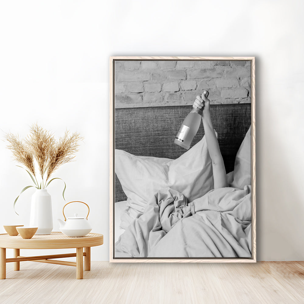 Woman Drinking Wine in Bed Print, Alcohol Framed Canvas Print Wall Art, Black and White, Dorm Room Wall Decor