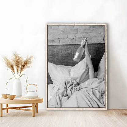 Woman Drinking Wine in Bed Print, Alcohol Framed Canvas Print Wall Art, Black and White, Dorm Room Wall Decor