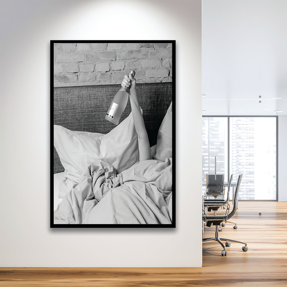 Woman Drinking Wine in Bed Print, Alcohol Framed Art Print Wall Decor, Black and White, Dorm Room Wall Decor
