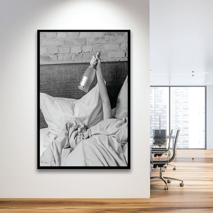 Woman Drinking Wine in Bed Print, Alcohol Framed Art Print Wall Decor, Black and White, Dorm Room Wall Decor