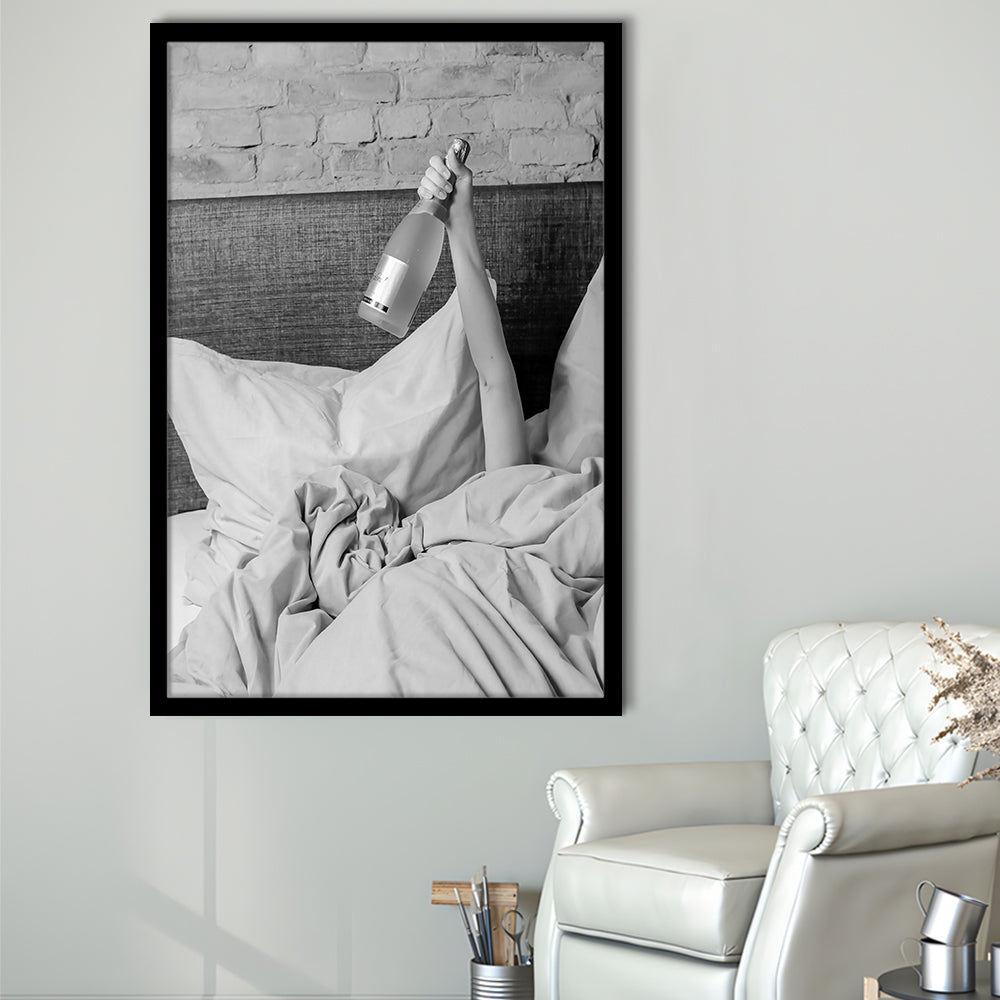 Woman Drinking Wine in Bed Print, Alcohol Framed Art Print Wall Decor, Black and White, Dorm Room Wall Decor