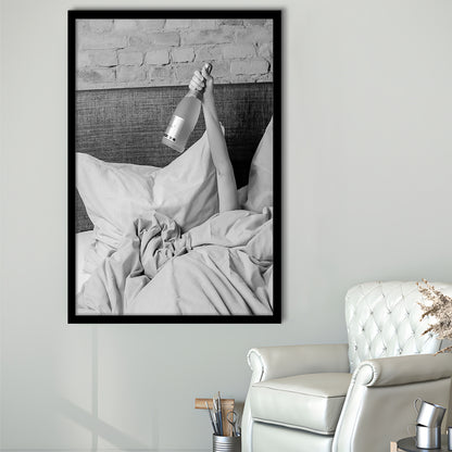 Woman Drinking Wine in Bed Print, Alcohol Framed Art Print Wall Decor, Black and White, Dorm Room Wall Decor