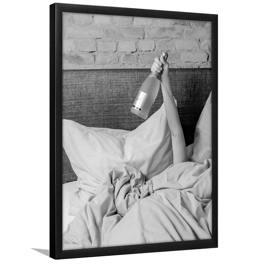 Woman Drinking Wine in Bed Print, Alcohol Framed Art Print Wall Decor, Black and White, Dorm Room Wall Decor