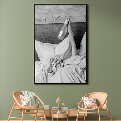 Woman Drinking Wine in Bed Print, Alcohol Framed Canvas Print Wall Art, Black and White, Dorm Room Wall Decor