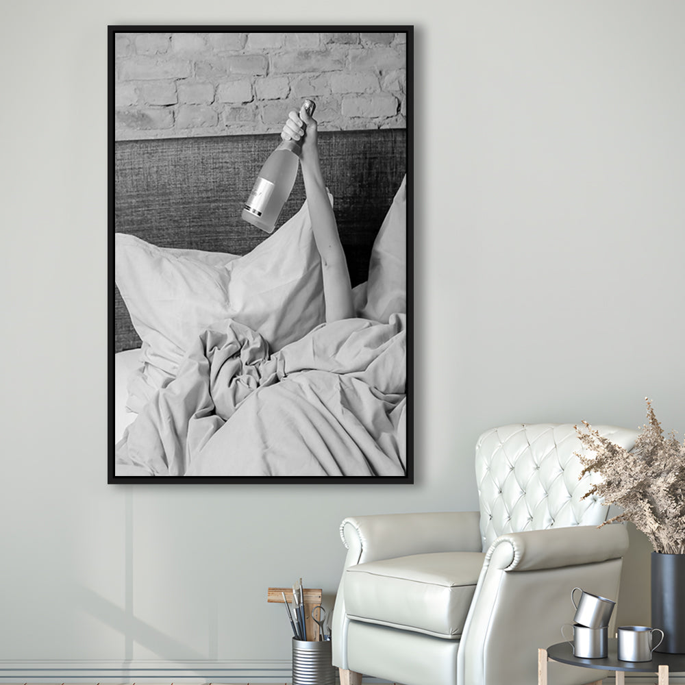 Woman Drinking Wine in Bed Print, Alcohol Framed Canvas Print Wall Art, Black and White, Dorm Room Wall Decor