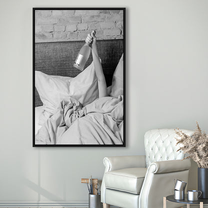 Woman Drinking Wine in Bed Print, Alcohol Framed Canvas Print Wall Art, Black and White, Dorm Room Wall Decor
