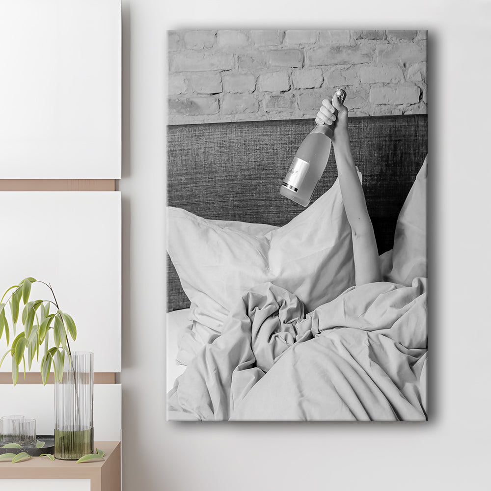 Woman Drinking Wine in Bed Print, Alcohol Canvas Print Wall Art, Black and White, Bar Cart Print, Dorm Room Wall Decor